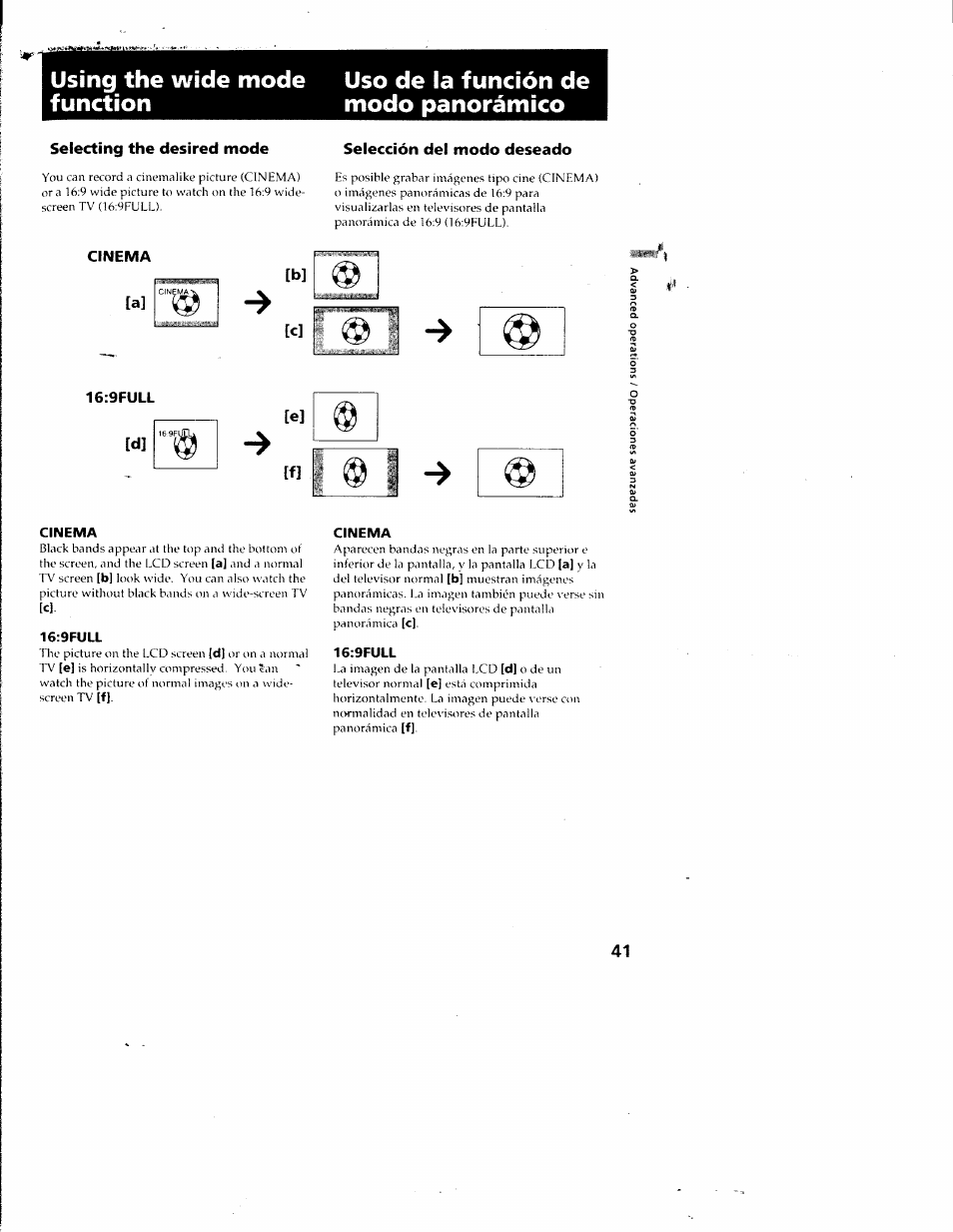 Selecting the desired mode, Selección del modo deseado, Cinema | 9full, Cinema [a] [b] [c] 16:9full [d, E] [f | Sony CCD-SC55 User Manual | Page 41 / 105