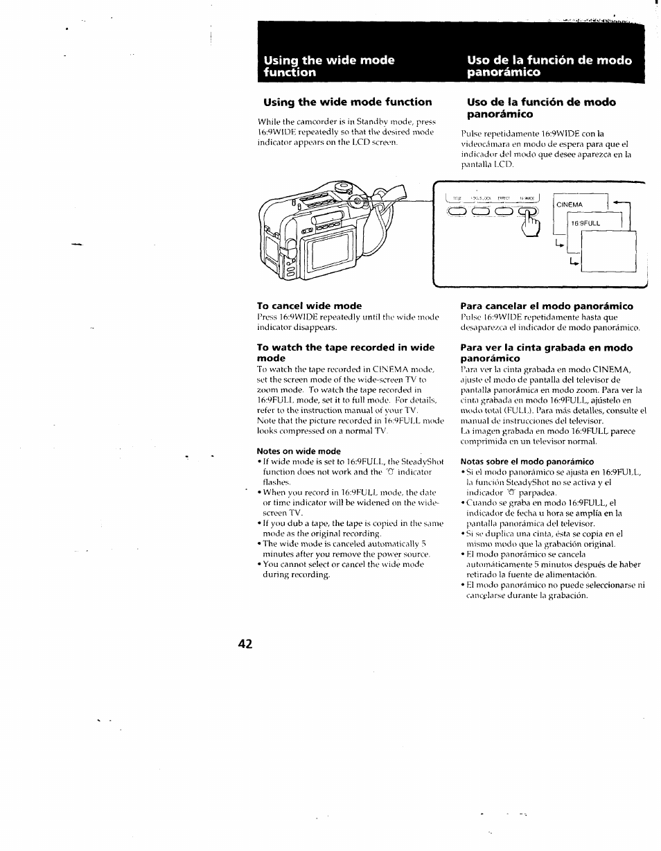 Using the wide mode function, Uso de la función de modo panorámico, Notes on wide mode | Notas sobre el modo panorámico, Para cancelar el modo panorámico, Para ver la cinta grabada en modo panorámico | Sony CCD-SC55 User Manual | Page 42 / 105