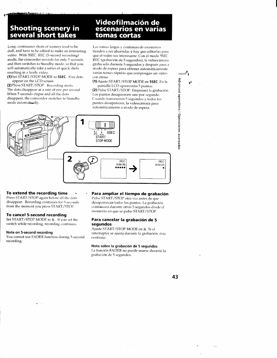 Shooting scenery in several short takes, Note on 5-second recording, Nota sobre la grabación de 5 segundos | Para ampliar el tiempo de grabación, Para cancelar la grabación de 5 segundos | Sony CCD-SC55 User Manual | Page 43 / 105