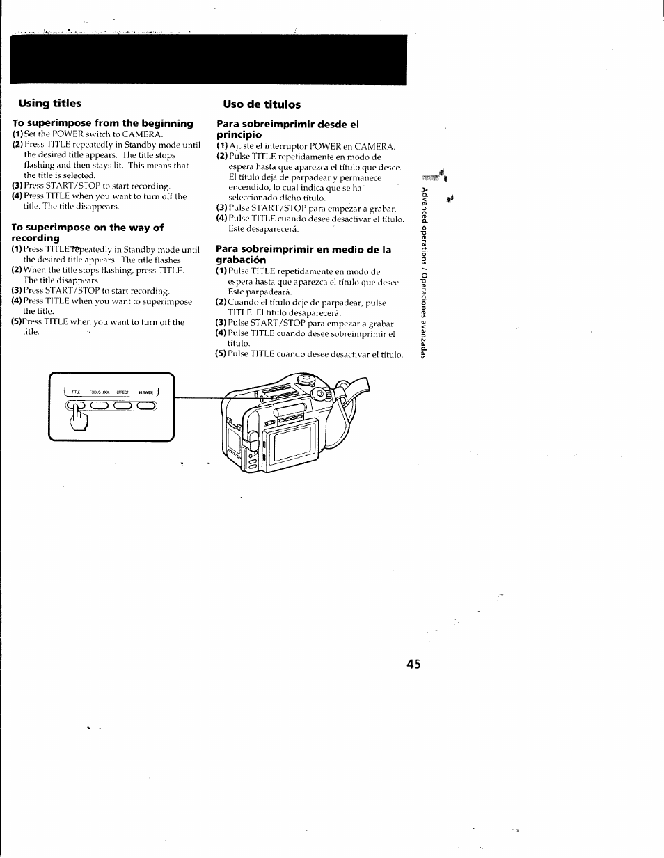 Using titles uso de titulos, Para sobreimprimir desde el principio, Para sobreimprimir en medio de la grabación | Sony CCD-SC55 User Manual | Page 45 / 105