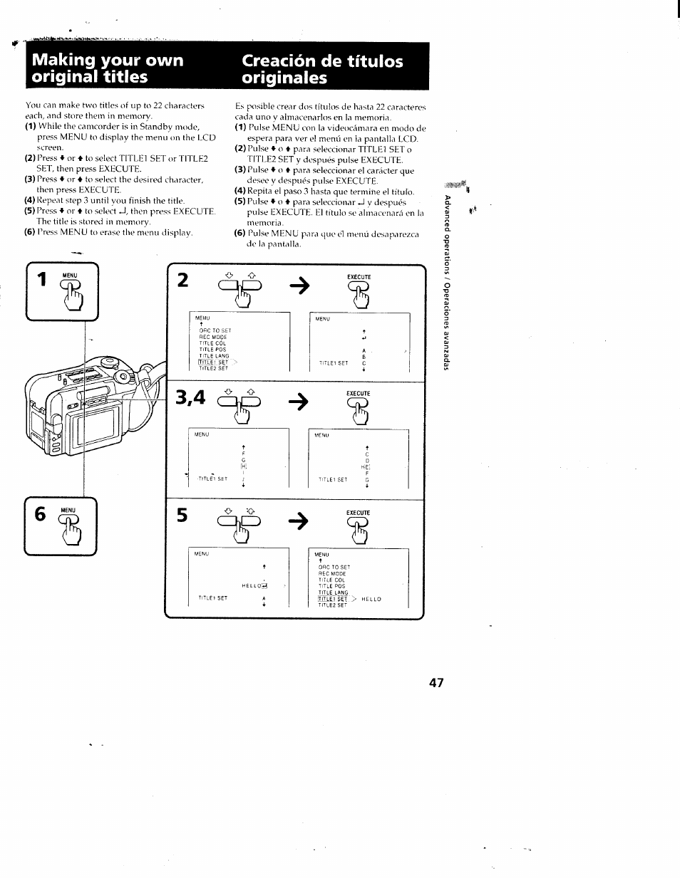 Making your own original titles, Creación de títulos originales | Sony CCD-SC55 User Manual | Page 47 / 105