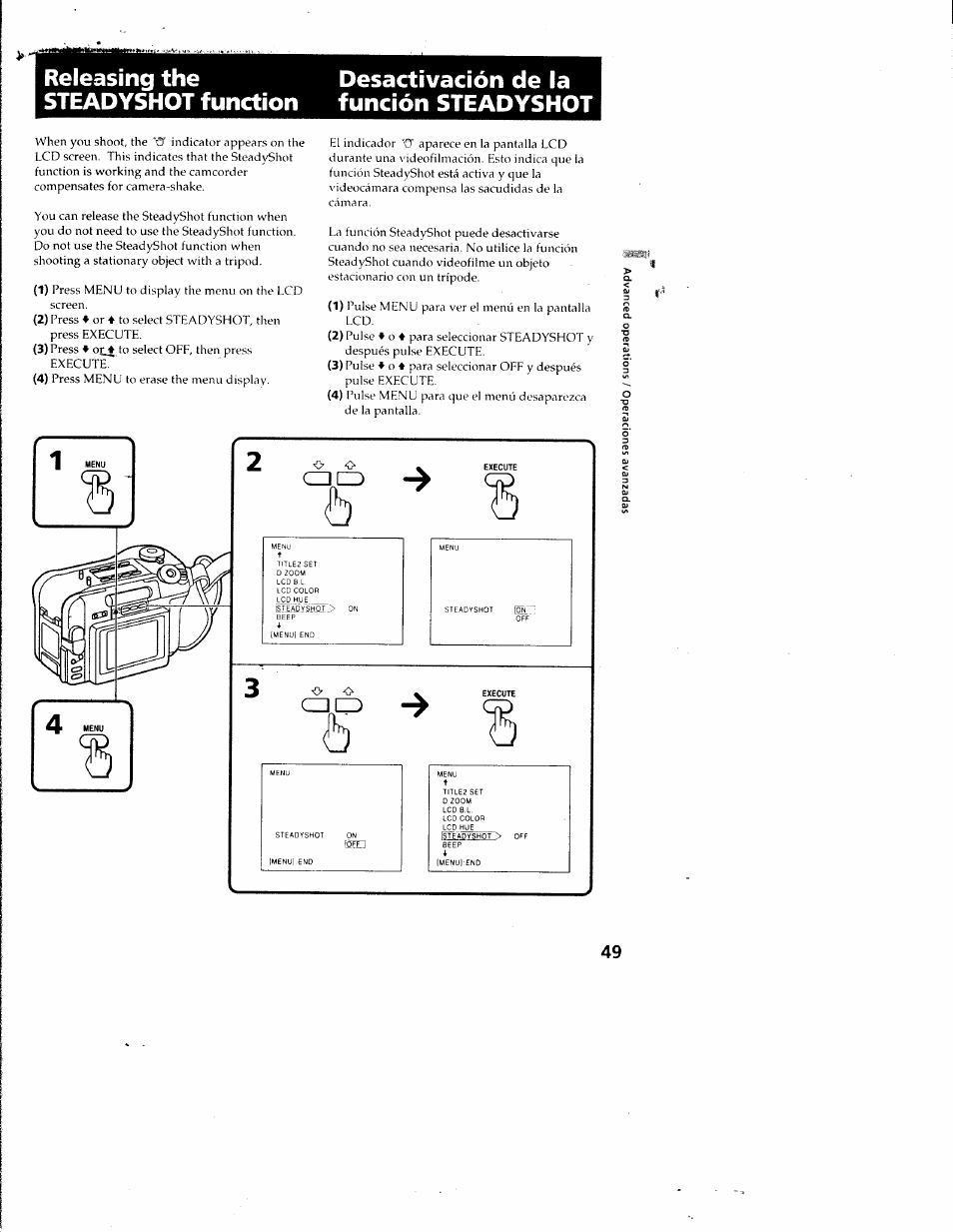 Releasing the desactivación de la, Steadyshot function función steadyshot, Chcd | Sony CCD-SC55 User Manual | Page 49 / 105