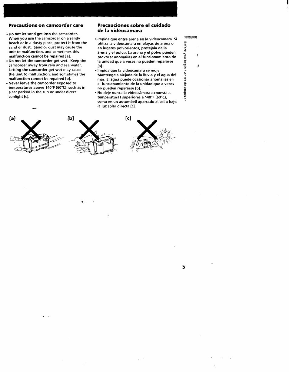 Precautions on camcorder care, Precauciones sobre el cuidado de la videocámara | Sony CCD-SC55 User Manual | Page 5 / 105