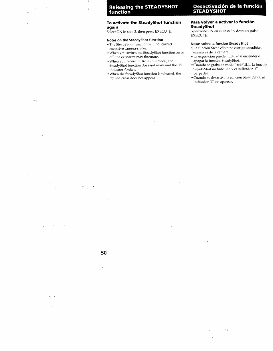 To activate the steadyshot function again, Notes on the steadyshot function, Para volver a activar la función | Steadyshot, Notas sobre la función steadyshot | Sony CCD-SC55 User Manual | Page 50 / 105