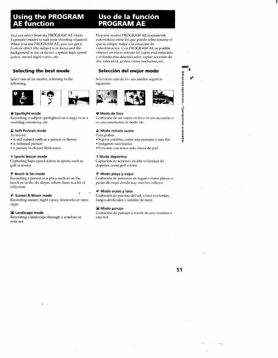 Using the program uso de la función, Ae function program ae, Selecting the best mode | Selección del mejor modo, 0 spotlight mode, Soft portrait mode, K sports lesson mode, T beach & ski mode, Sunset & moon mode, B) landscape mode | Sony CCD-SC55 User Manual | Page 51 / 105