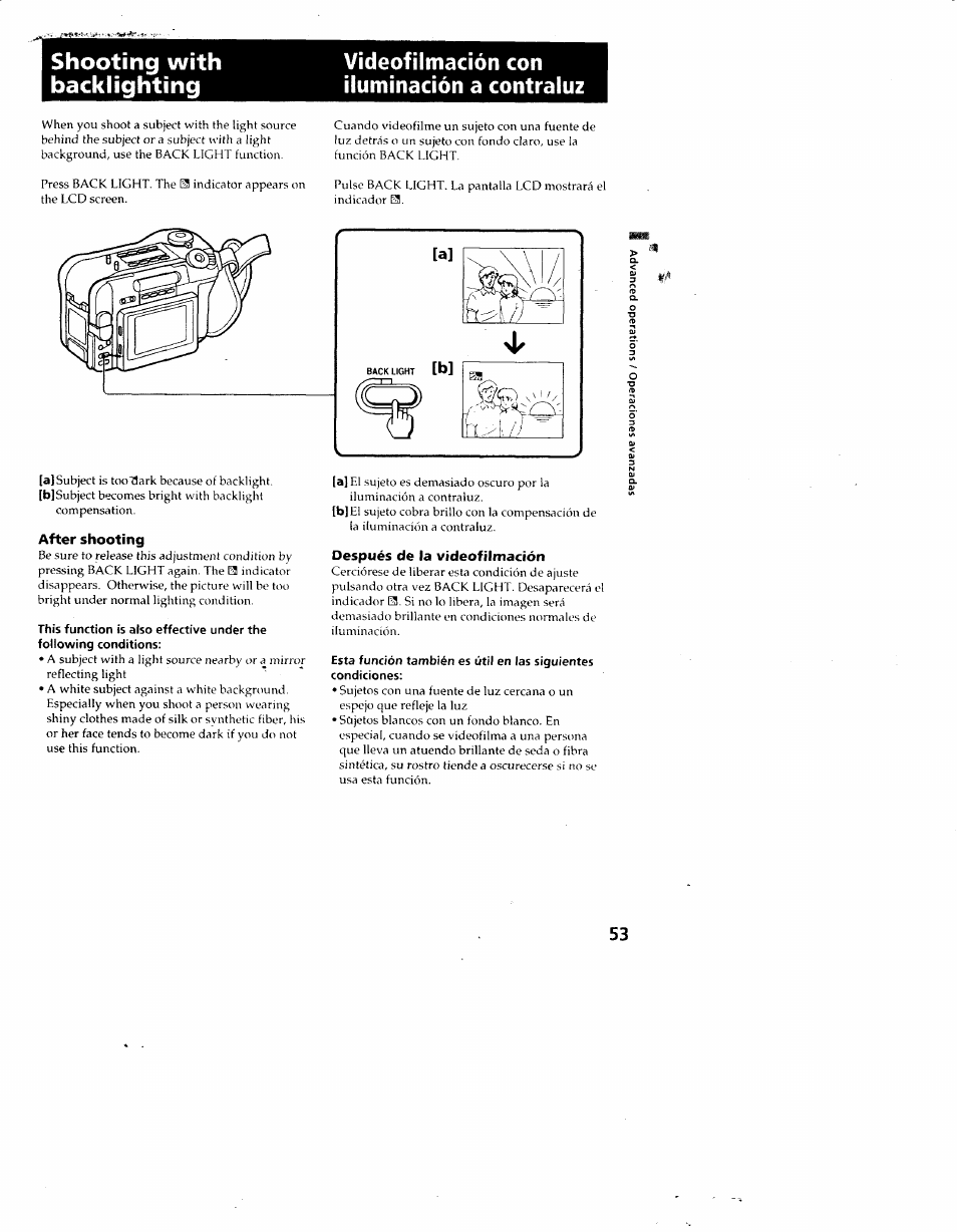 Videofilmación con iluminación a contraluz, After shooting, Después de la videofilmación | Sony CCD-SC55 User Manual | Page 53 / 105