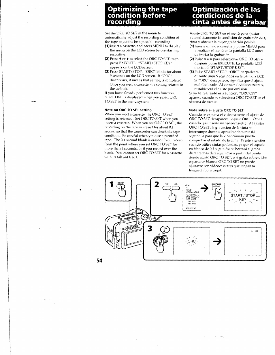 Optimizinq the tape optimización de las, Condition before condiciones de la, Recording cinta antes de grabar | Note on orc to set setting, Nota sobre el ajuste orc to set | Sony CCD-SC55 User Manual | Page 54 / 105