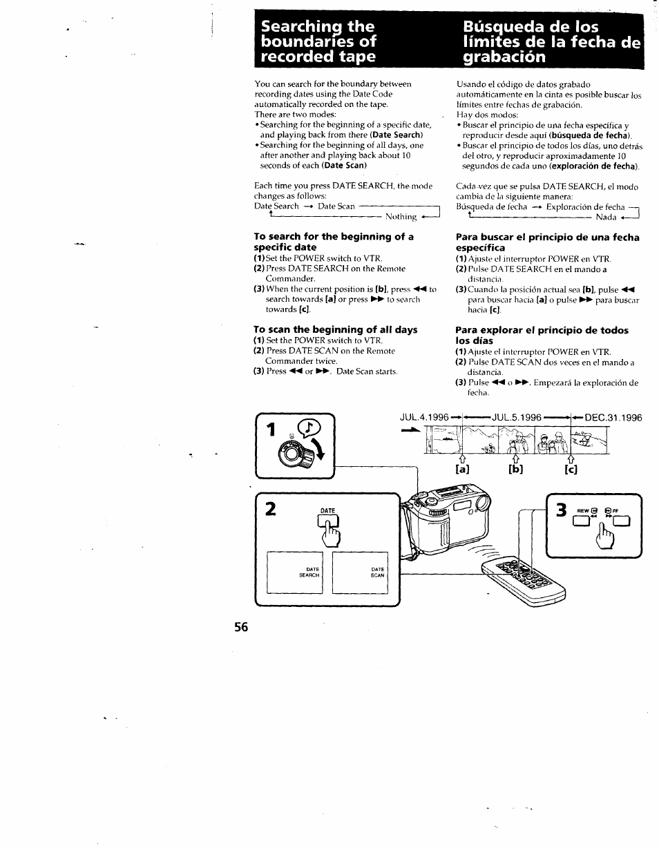 Búsqueda de los límites de la fecha de grabación, To search for the beginning of a specific date, To scan the beginning of all days | Para buscar el principio de una fecha específica, Para explorar el principio de todos los días | Sony CCD-SC55 User Manual | Page 56 / 105