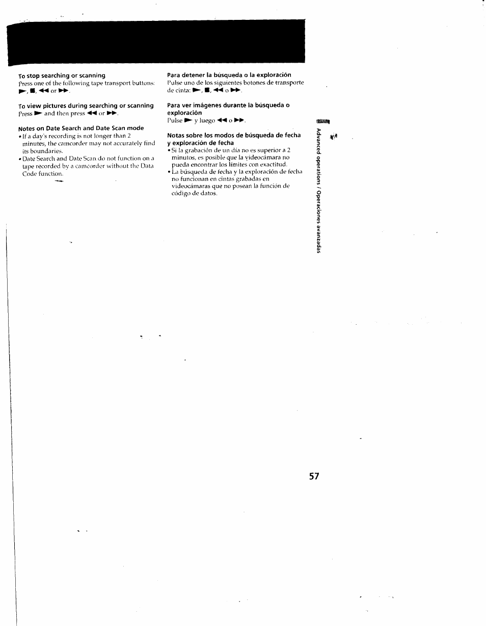 To stop searching or scanning, Para detener la búsqueda o la exploración, To view pictures during searching or scanning | Notes on date search and date scan mode | Sony CCD-SC55 User Manual | Page 57 / 105