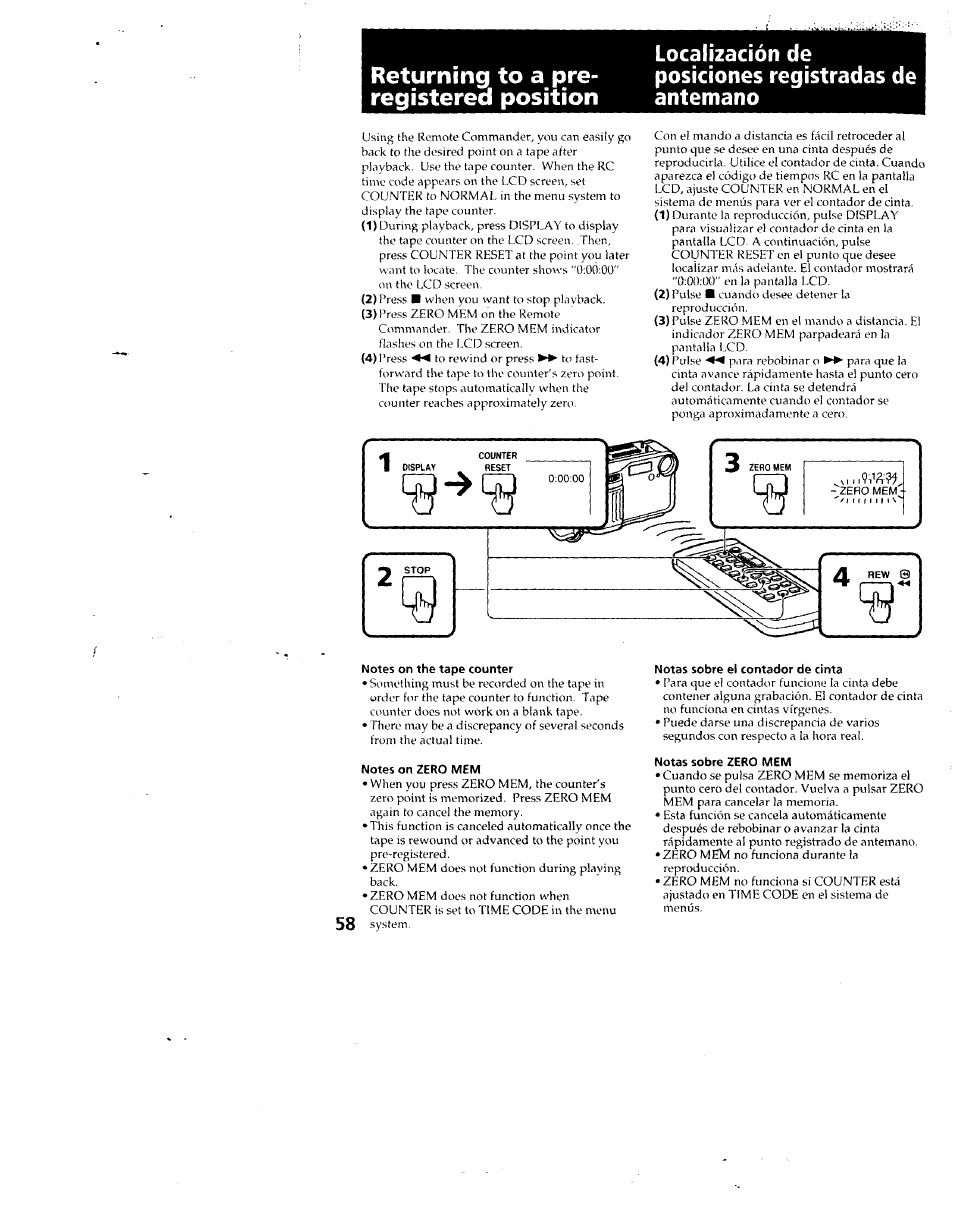 Returning to a pre- registerea position, Localización de posiciones registradas de antemano, Notes on the tape counter | Notes on zero mem, Notas sobre el contador de cinta, Notas sobre zero mem | Sony CCD-SC55 User Manual | Page 58 / 105