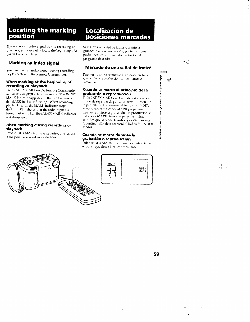 Marking an index signal, When marking during recording or playback, Marcado de una señal de índice | Sony CCD-SC55 User Manual | Page 59 / 105