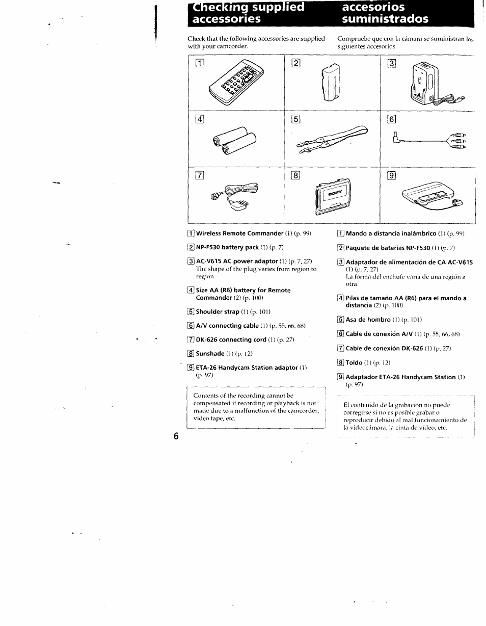 Ecking supplied accessories, Accesorios, Suministrados | 3] adaptador de alimentación de ca ac-v615 | Sony CCD-SC55 User Manual | Page 6 / 105