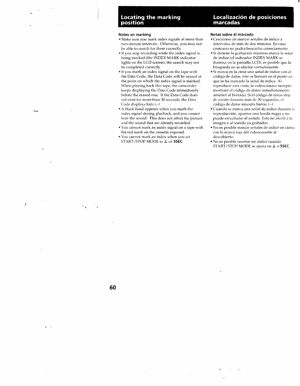 Notes on marking, Notas sobre el marcado | Sony CCD-SC55 User Manual | Page 60 / 105
