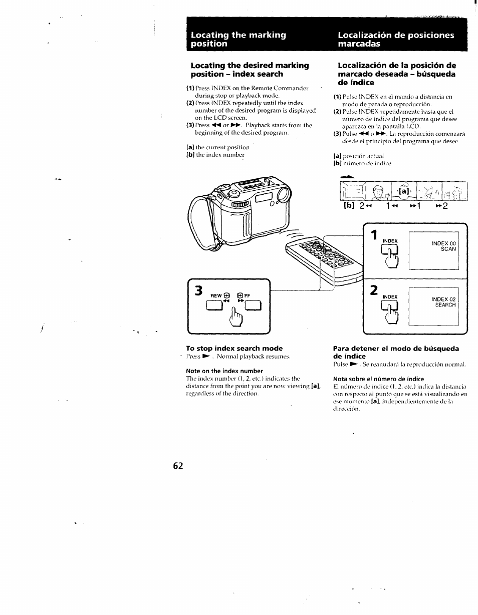 To stop índex search mode, Note on the index number, Para detener el modo de búsqueda de índice | Nota sobre el número de índice | Sony CCD-SC55 User Manual | Page 62 / 105