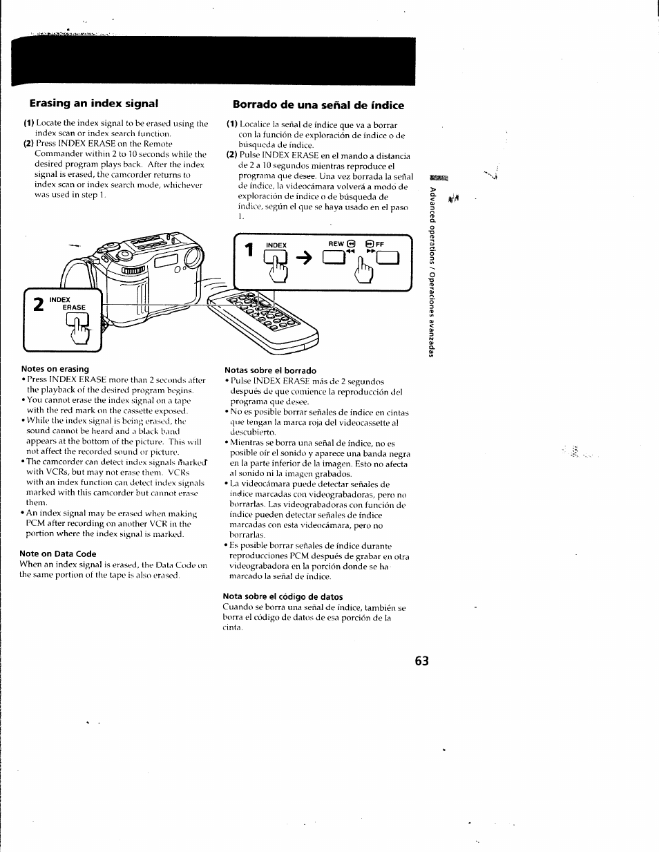 Erasing an index signal, Borrado de una señal de índice, Notes on erasing | Note on data code, Notas sobre el borrado, Nota sobre el código de datos | Sony CCD-SC55 User Manual | Page 63 / 105