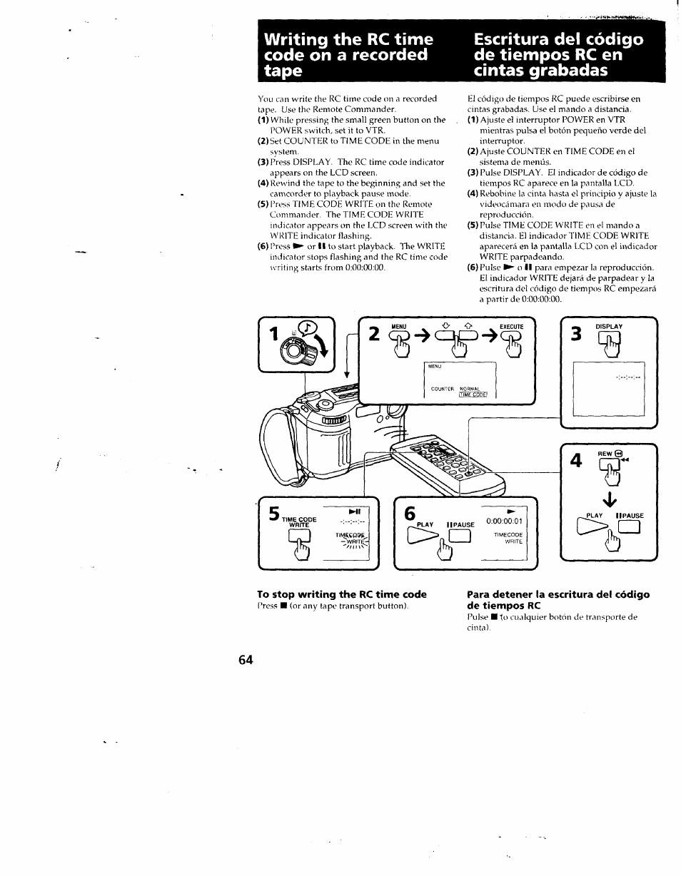 To stop writing the rc time code, Para detener la escritura del código de tiempos rc | Sony CCD-SC55 User Manual | Page 64 / 105