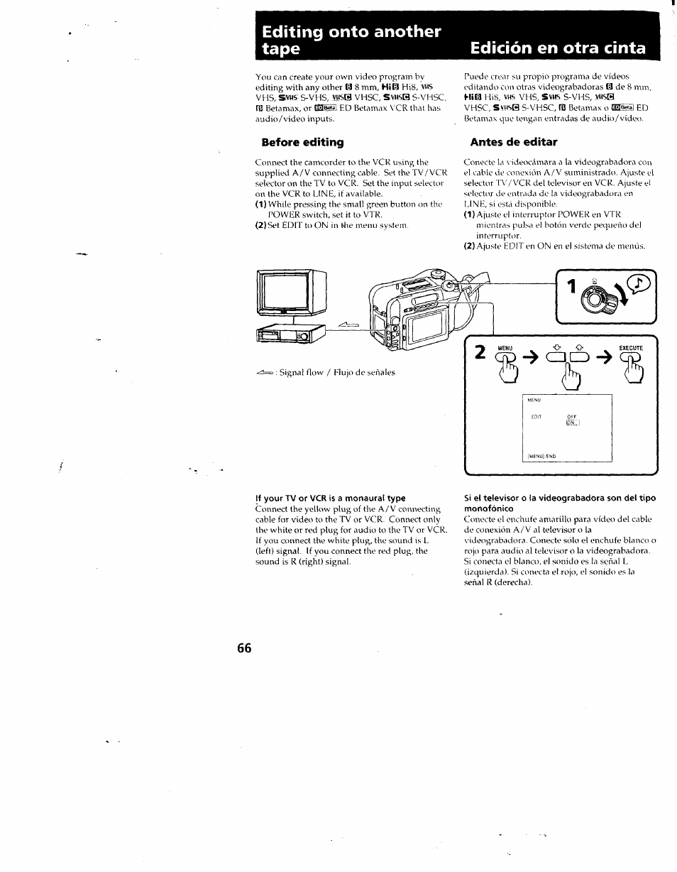 Editing onto another tape, Edición en otra cinta, Before editing | Antes de editar, If your tv or vcr is a monaural type, Editing onto another tape edición en otra cinta | Sony CCD-SC55 User Manual | Page 66 / 105