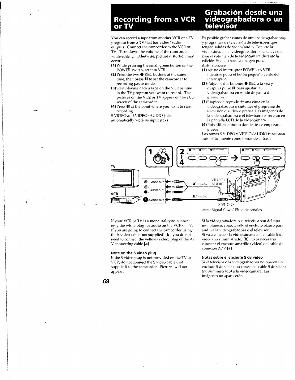 Note on the s video plug, Notas sobre el enchufe s de vídeo | Sony CCD-SC55 User Manual | Page 68 / 105