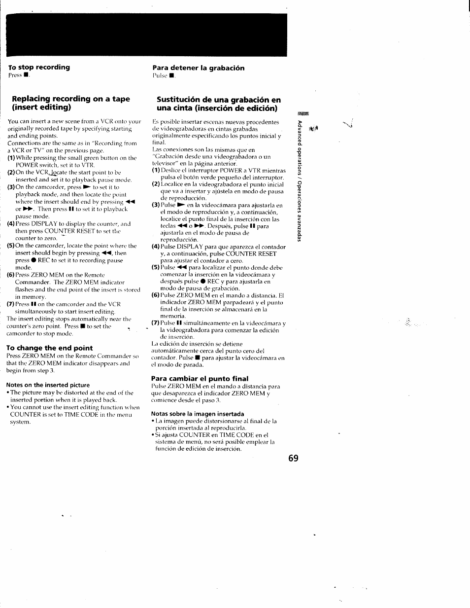 Para detener la grabación, Replacing recording on a tape (insert editing), To change the end point | Notes on the inserted picture, Para cambiar el punto final, Notas sobre la imagen insertada | Sony CCD-SC55 User Manual | Page 69 / 105