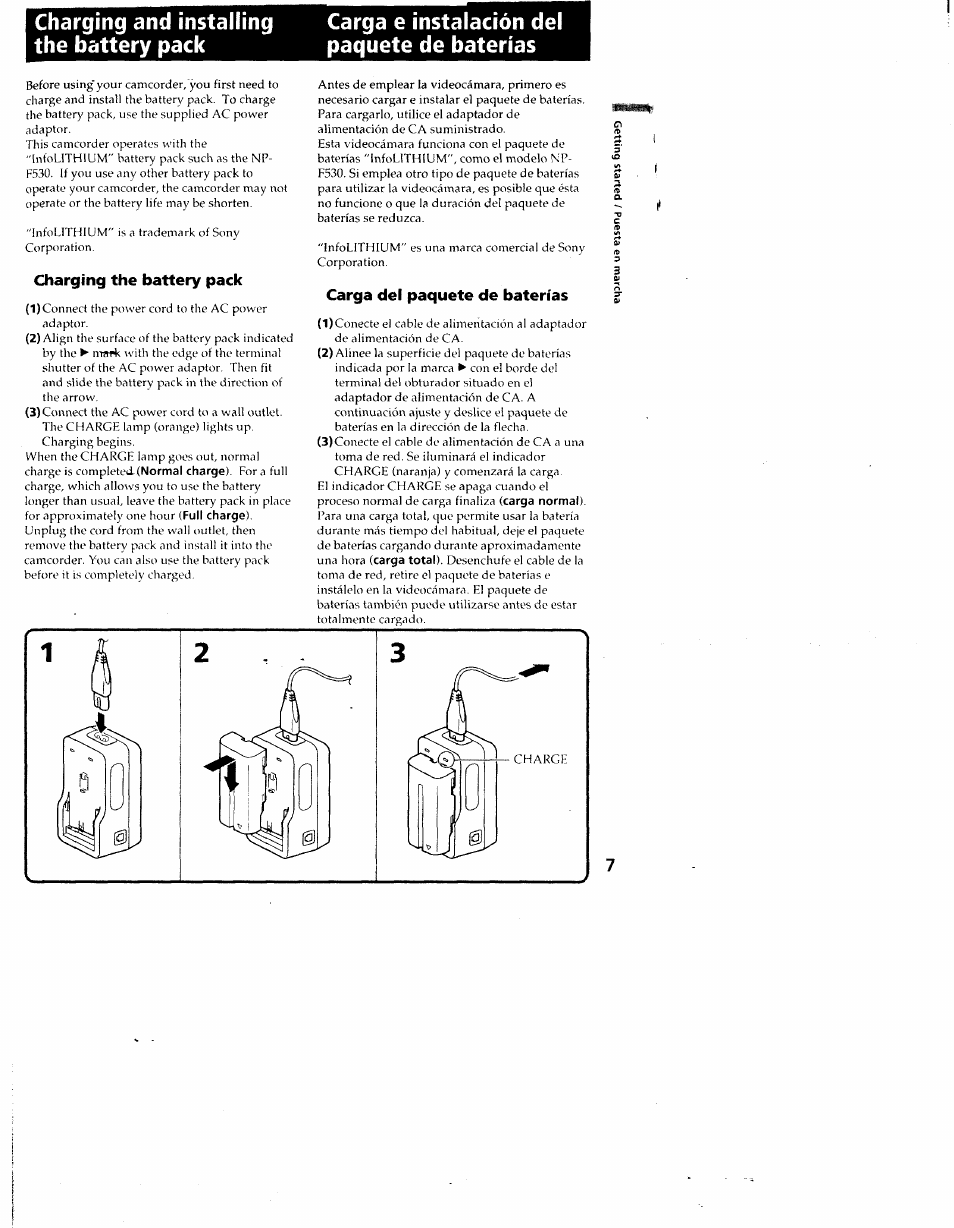 Charging and installing the battery pack, Charging the battery pack, Carga e instalación del paquete de baterías | Carga del paquete de baterías | Sony CCD-SC55 User Manual | Page 7 / 105