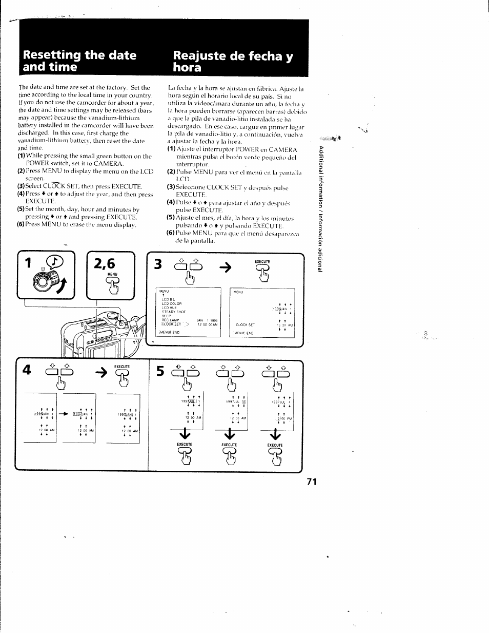 Resetting the date and time, Reajuste de fecha y hora, Cnnd | Sony CCD-SC55 User Manual | Page 71 / 105