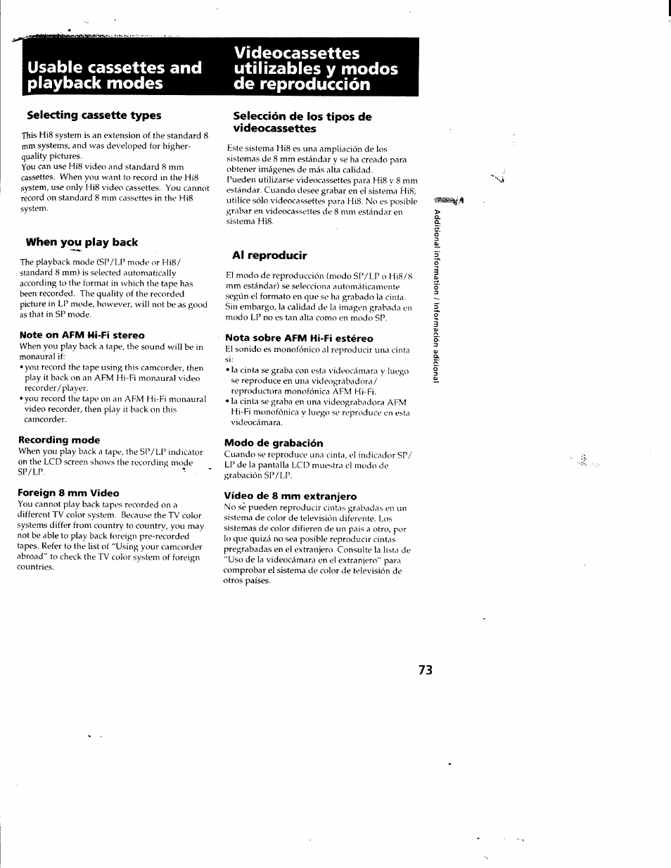 Usable cassettes and playback modes, Videocassettes utilizables y modos de reproducción, Selecting cassette types | When you play back, Note on afm hi-fi stereo, Recording mode, Foreign 8 mm video, Selección de los tipos de videocassettes, Al reproducir, Nota sobre afm hi-fi estéreo | Sony CCD-SC55 User Manual | Page 73 / 105