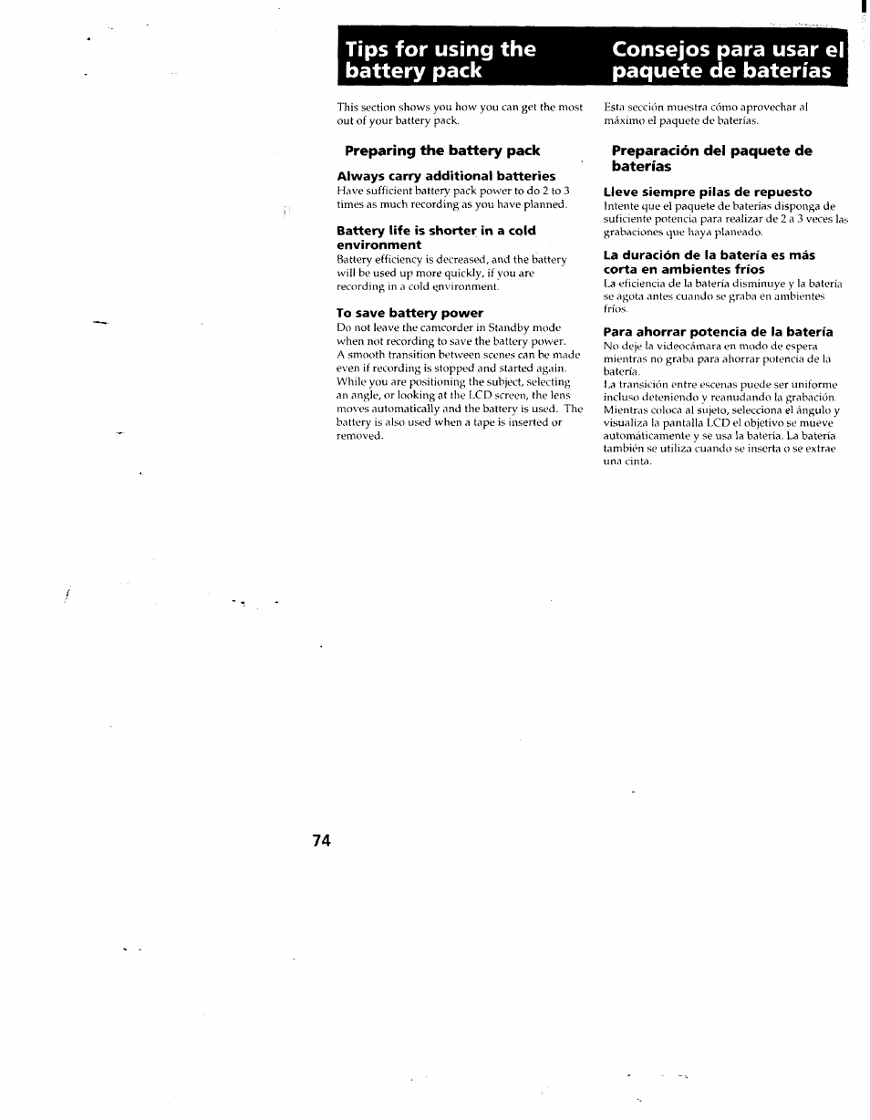 Consejos para usar el paquete de baterías, Preparing the battery pack, Always carry additional batteries | Battery life is shorter in a cold environment, To save battery power, Preparación del paquete de baterías, Lleve siempre pilas de repuesto, Para ahorrar potencia de la batería | Sony CCD-SC55 User Manual | Page 74 / 105