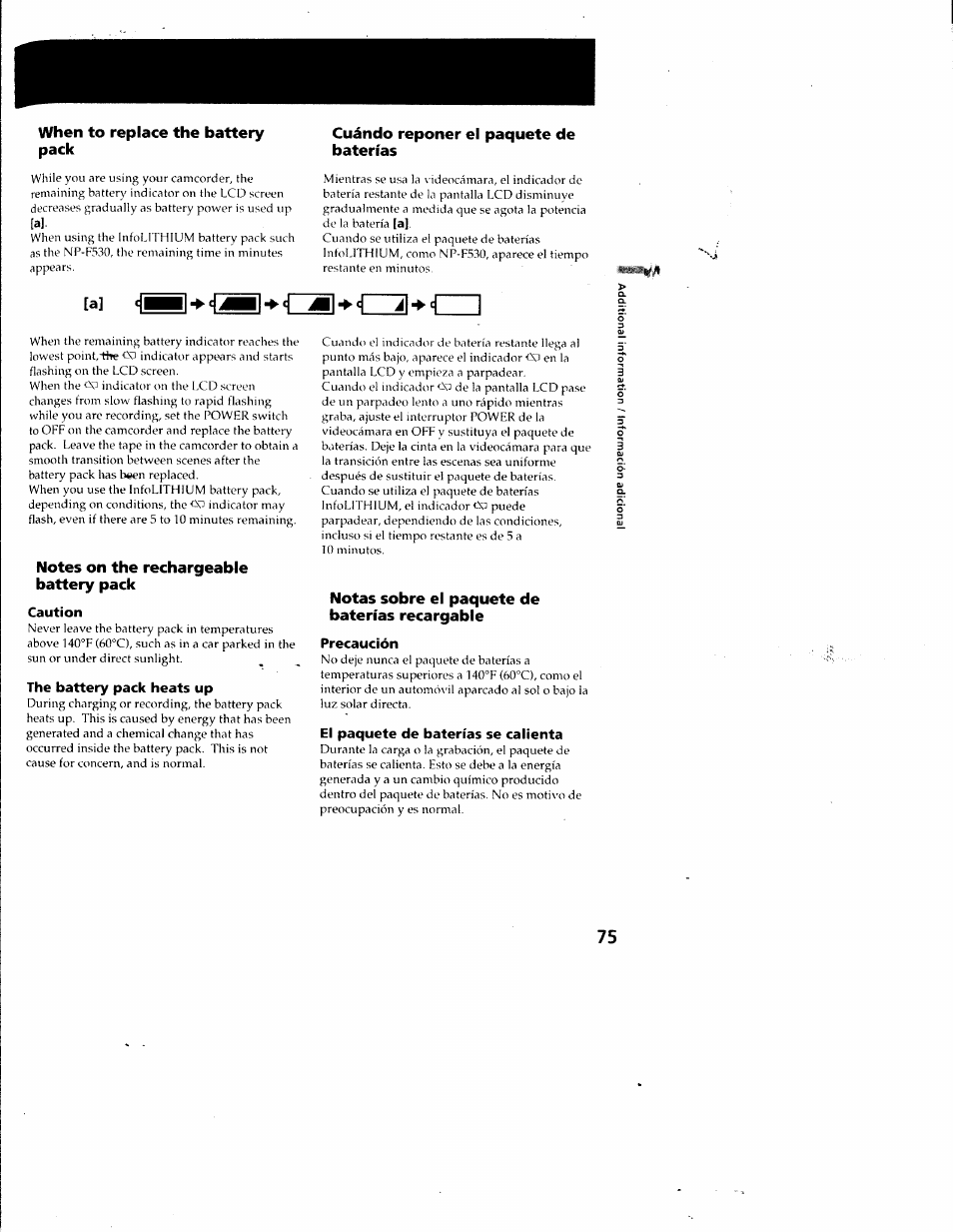 When to replace the battery pack, Cuándo reponer el paquete de baterías, Notes on the rechargeable battery pack | Caution, The battery pack heats up, Notas sobre el paquete de baterías recargable, Precaución, El paquete de baterías se calienta | Sony CCD-SC55 User Manual | Page 75 / 105