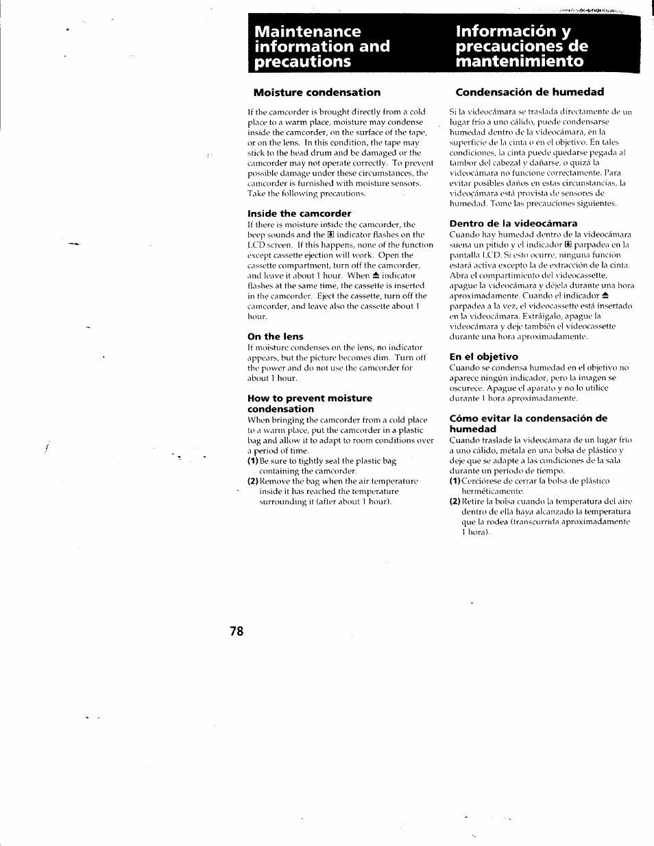 Moisture condensation, Inside the camcorder, On the lens | How to prevent moisture condensation, Condensación de humedad, Dentro de la videocámara, En el objetivo, Cómo evitar la condensación de humedad | Sony CCD-SC55 User Manual | Page 78 / 105