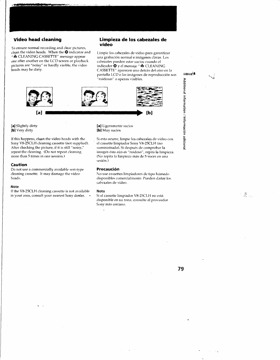 Video head cleaning, Limpieza de los cabezales de vídeo, Caution | Note, Precaución, Nota, G #_1 i i, A5r ^ [a] ^ [b | Sony CCD-SC55 User Manual | Page 79 / 105