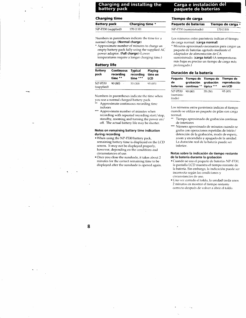 Battery life, Duración de la batería | Sony CCD-SC55 User Manual | Page 8 / 105