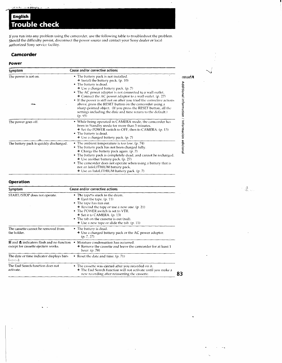 Trouble check, Camcorder, Power | Symptom, Cause and/or corrective actions, Operation | Sony CCD-SC55 User Manual | Page 83 / 105