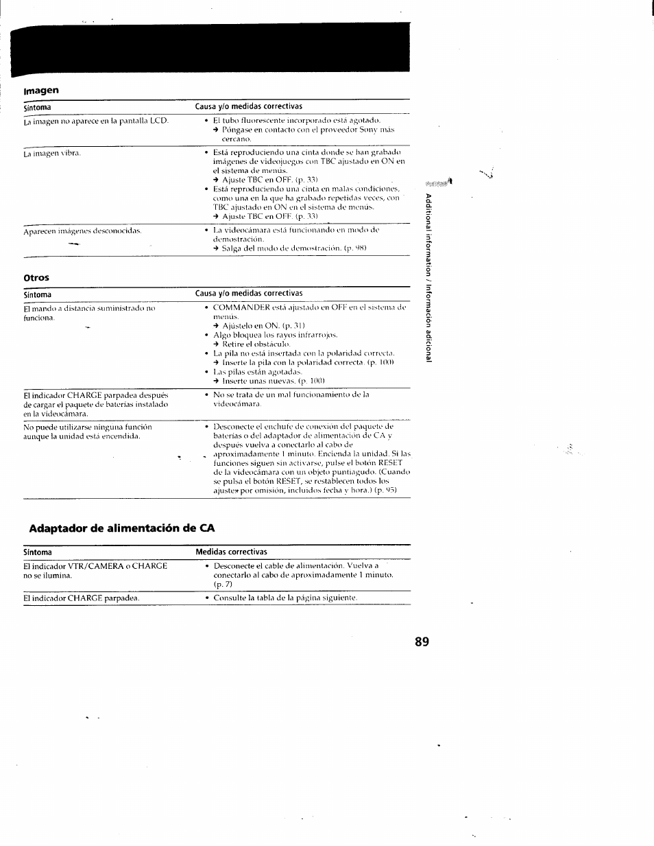 Adaptador de alimentación de ca, Imagen, Otros | Sony CCD-SC55 User Manual | Page 89 / 105