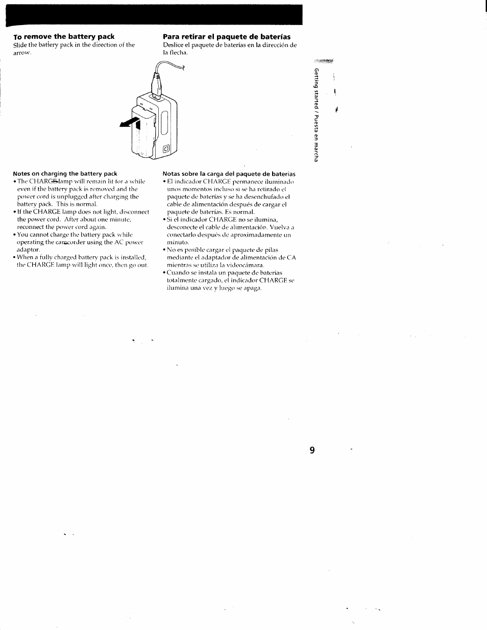 Notes on charging the battery pack, Notas sobre la carga del paquete de baterías, Para retirar el paquete de baterías | Sony CCD-SC55 User Manual | Page 9 / 105