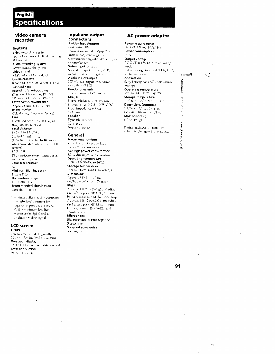 Specifications, Video camera recorder, System | Lcd screen, Input and output connectors, General, Ac power adaptor | Sony CCD-SC55 User Manual | Page 91 / 105