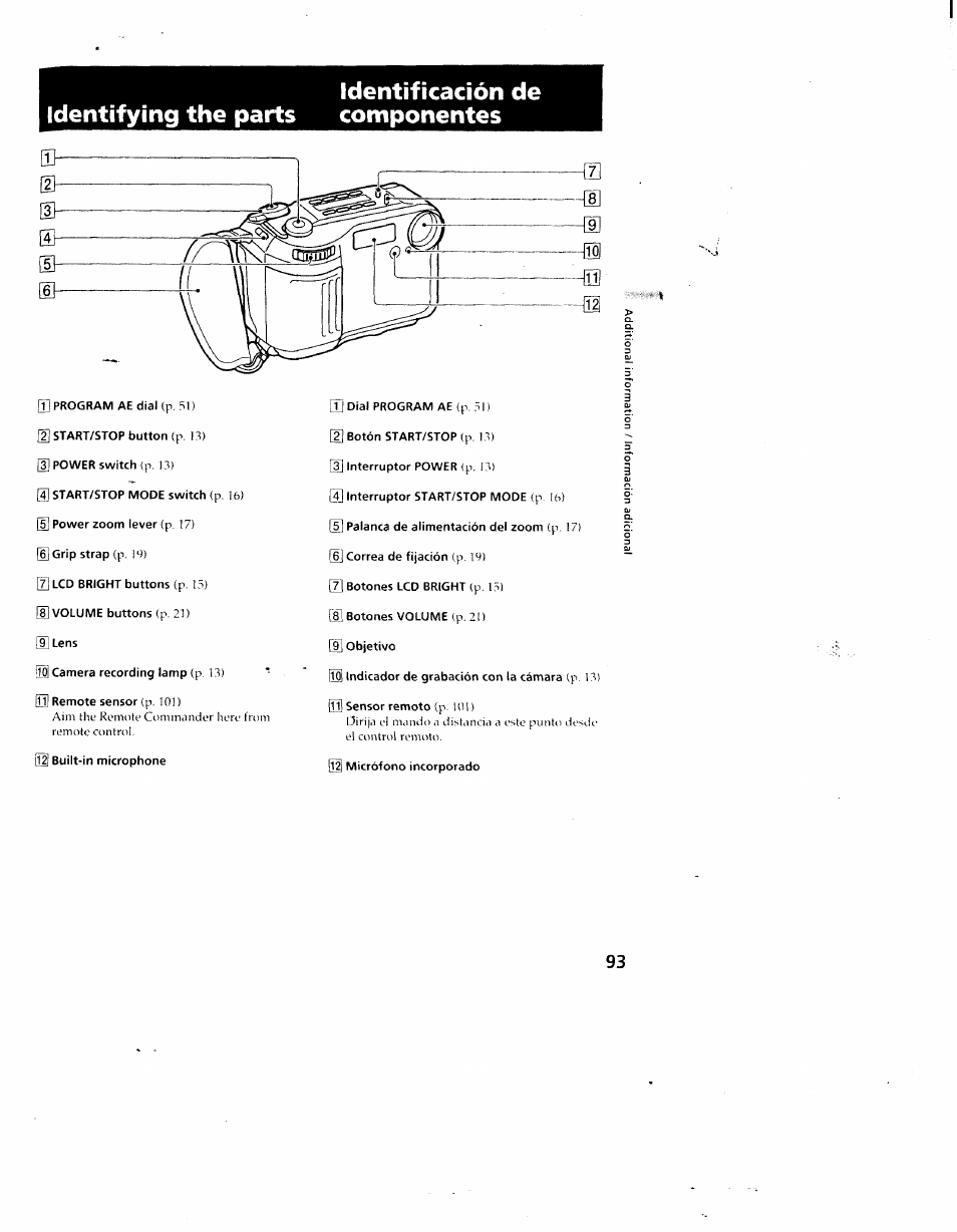 Identificación de, Identifying the parts componentes | Sony CCD-SC55 User Manual | Page 93 / 105