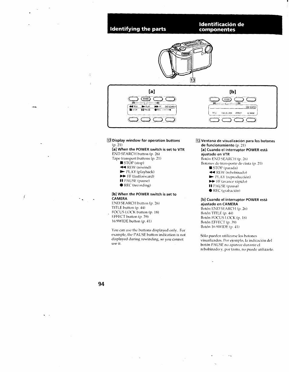 I display window for operation buttons, B] when the power switch is set to camera | Sony CCD-SC55 User Manual | Page 94 / 105