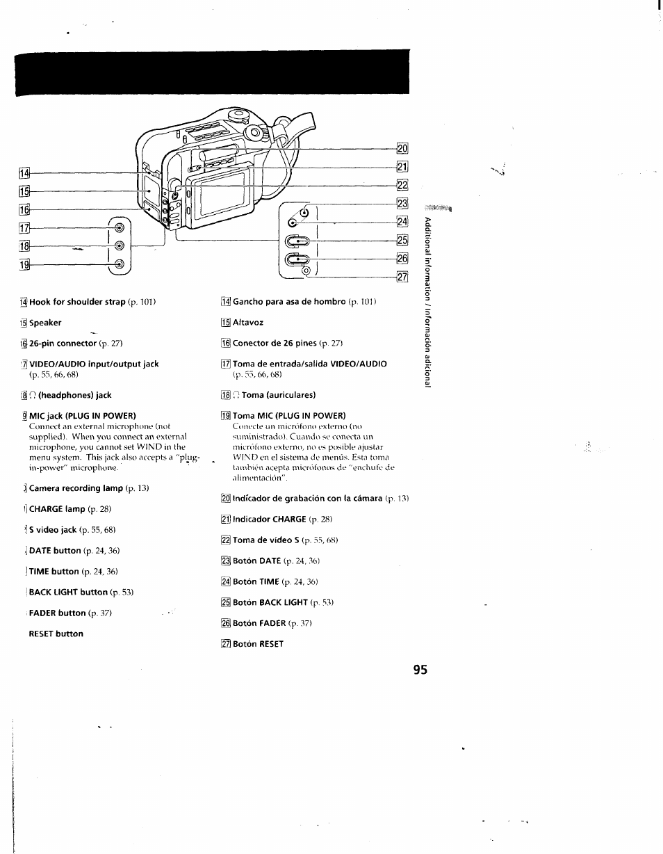 J3 hook for shoulder strap (p. 101), 15] speaker, Pin connector (p. 27) | 7] video/audio input/output jack, Ij d (headphones) jack, I mic jack (plug in power), I camera recording lamp (p. 13), Back light button (p. 53), Reset button, T3 gancho para asa de hombro (p. lül) m altavoz | Sony CCD-SC55 User Manual | Page 95 / 105