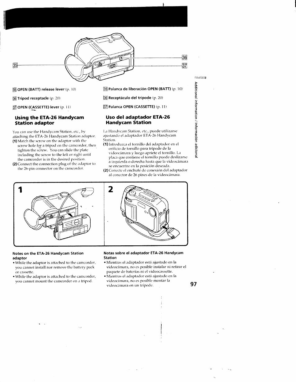 Using the eta-26 handycam station adaptor, Uso del adaptador eta-26 handycam station, Notes on the eta-26 handycam station adaptor | Notas sobre el adaptador eta-26 handycam | Sony CCD-SC55 User Manual | Page 97 / 105