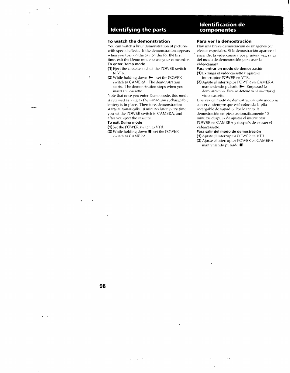 To watch the demonstration, Para ver la demostración | Sony CCD-SC55 User Manual | Page 98 / 105