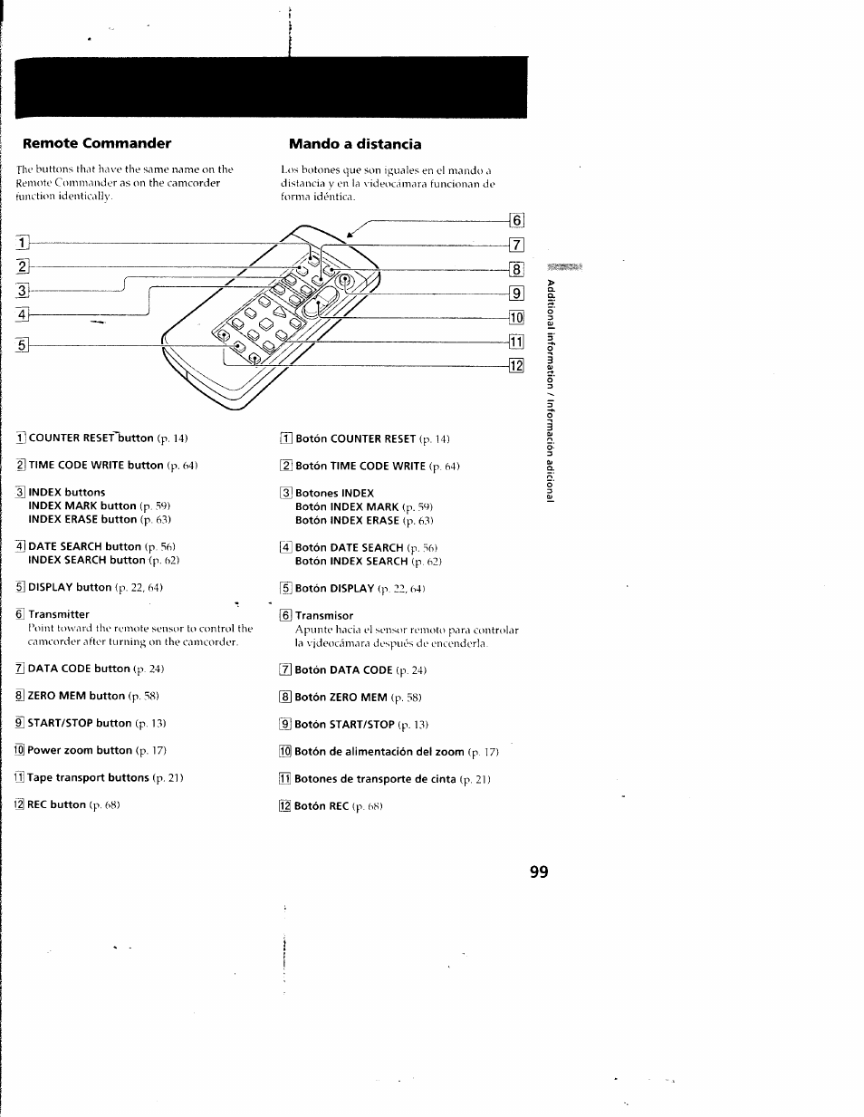 Mando a distancia, Remote commander | Sony CCD-SC55 User Manual | Page 99 / 105