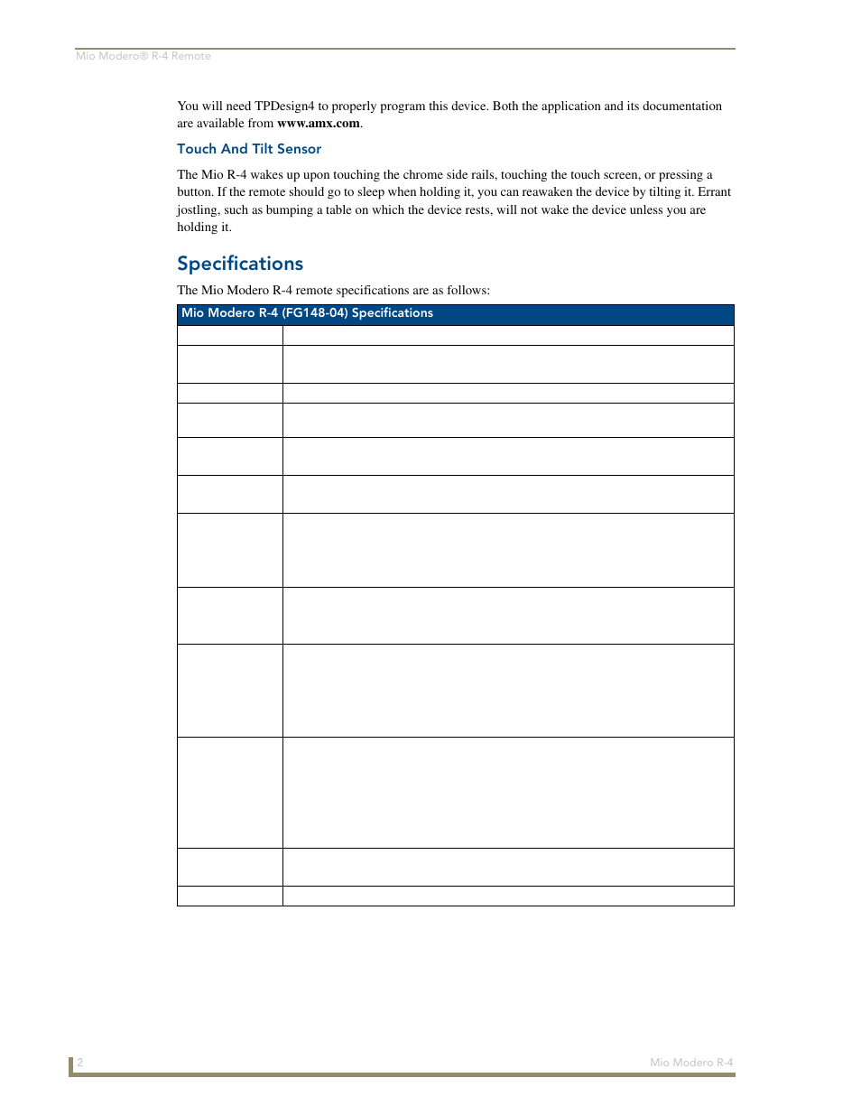 Touch and tilt sensor, Specifications | AMX Mio Modero R-4 User Manual | Page 10 / 103