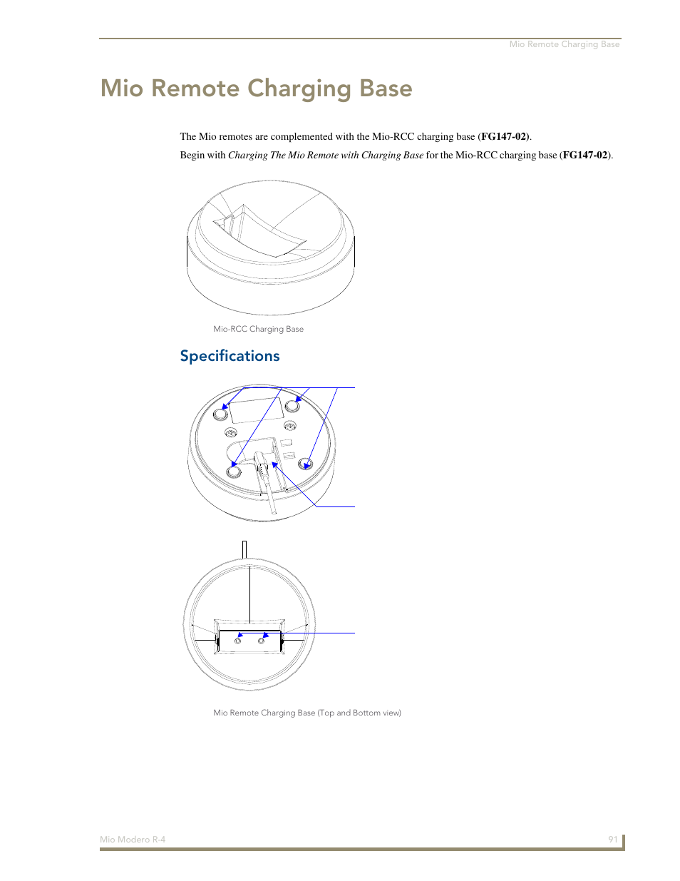 Mio remote charging base, Specifications | AMX Mio Modero R-4 User Manual | Page 100 / 103