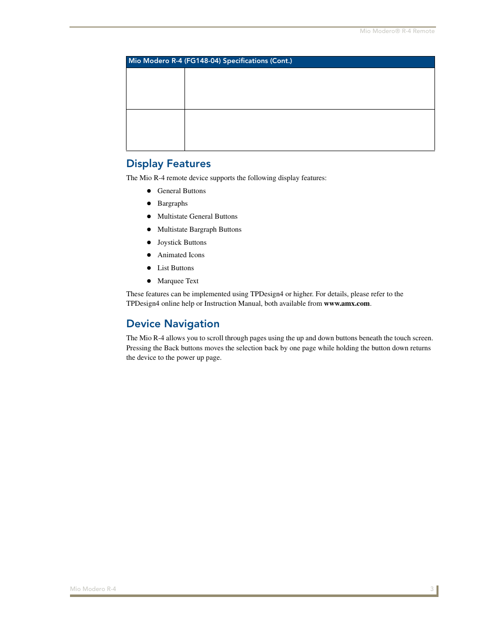 Display features, Device navigation | AMX Mio Modero R-4 User Manual | Page 11 / 103