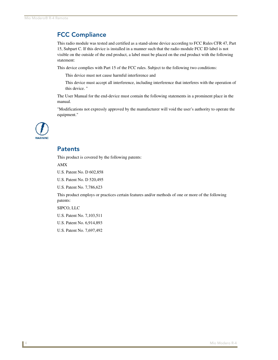Fcc compliance, Patents | AMX Mio Modero R-4 User Manual | Page 12 / 103