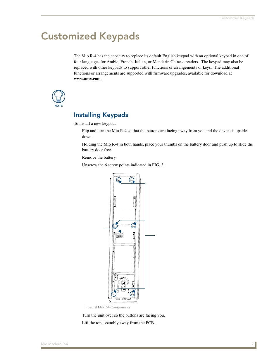 Customized keypads, Installing keypads | AMX Mio Modero R-4 User Manual | Page 15 / 103