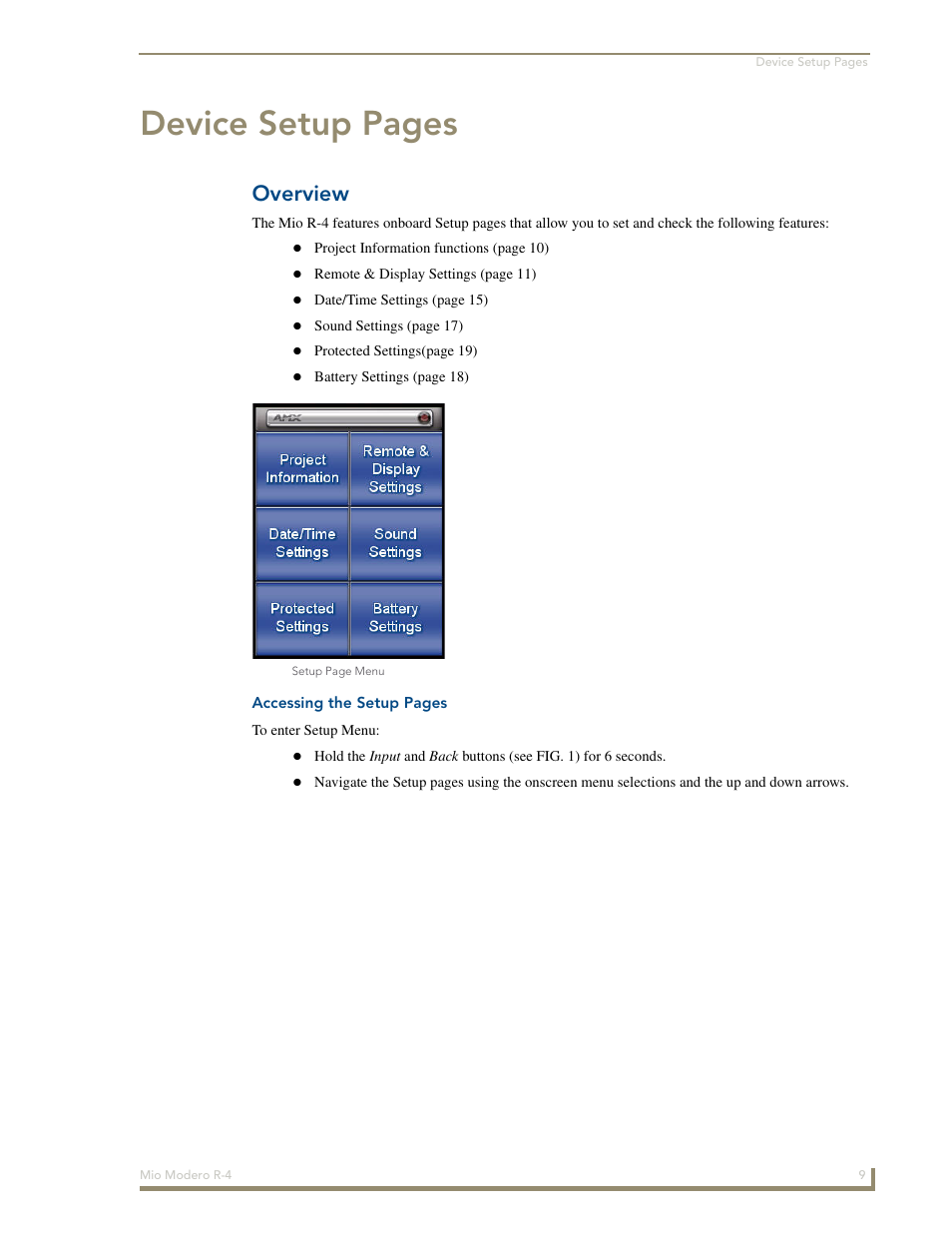 Overview, Device setup pages | AMX Mio Modero R-4 User Manual | Page 17 / 103