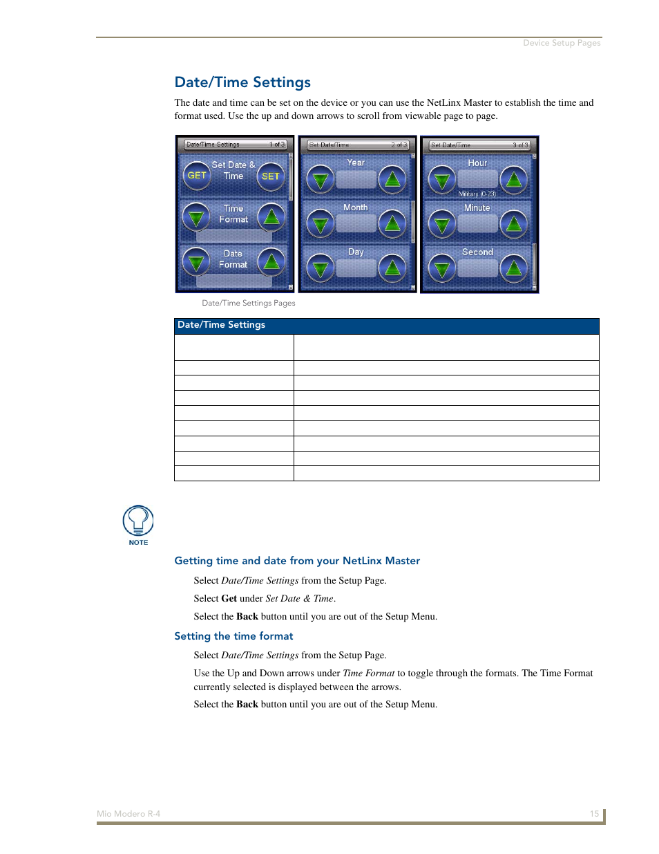 Date/time settings, Getting time and date from your netlinx master, Setting the time format | AMX Mio Modero R-4 User Manual | Page 23 / 103