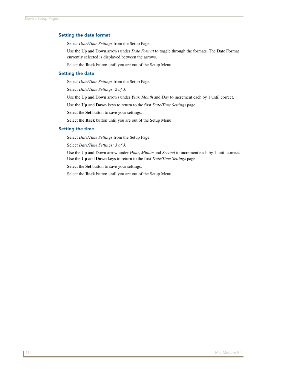 Setting the date format, Setting the date, Setting the time | AMX Mio Modero R-4 User Manual | Page 24 / 103