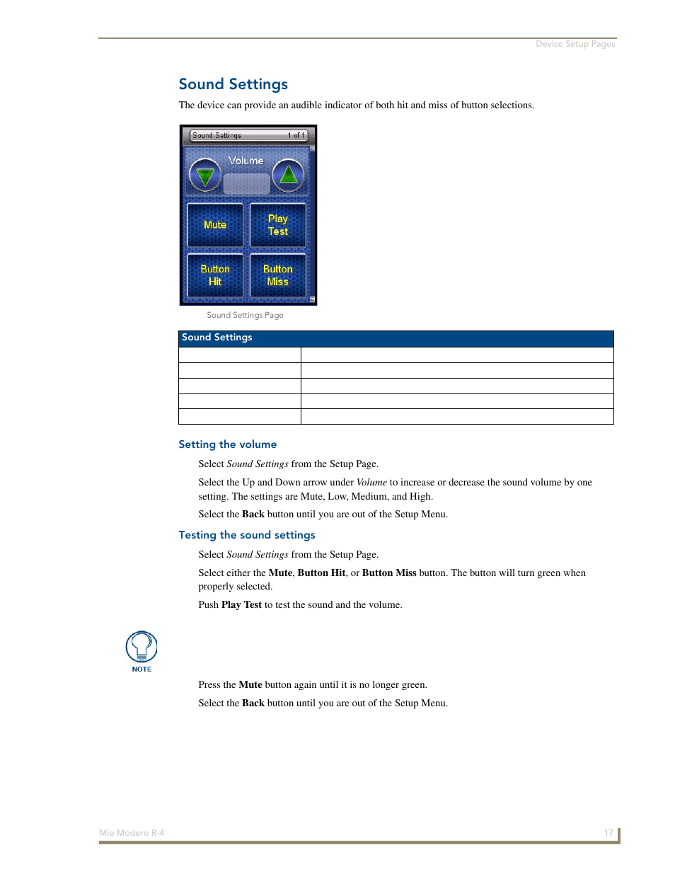 Sound settings, Setting the volume, Testing the sound settings | AMX Mio Modero R-4 User Manual | Page 25 / 103